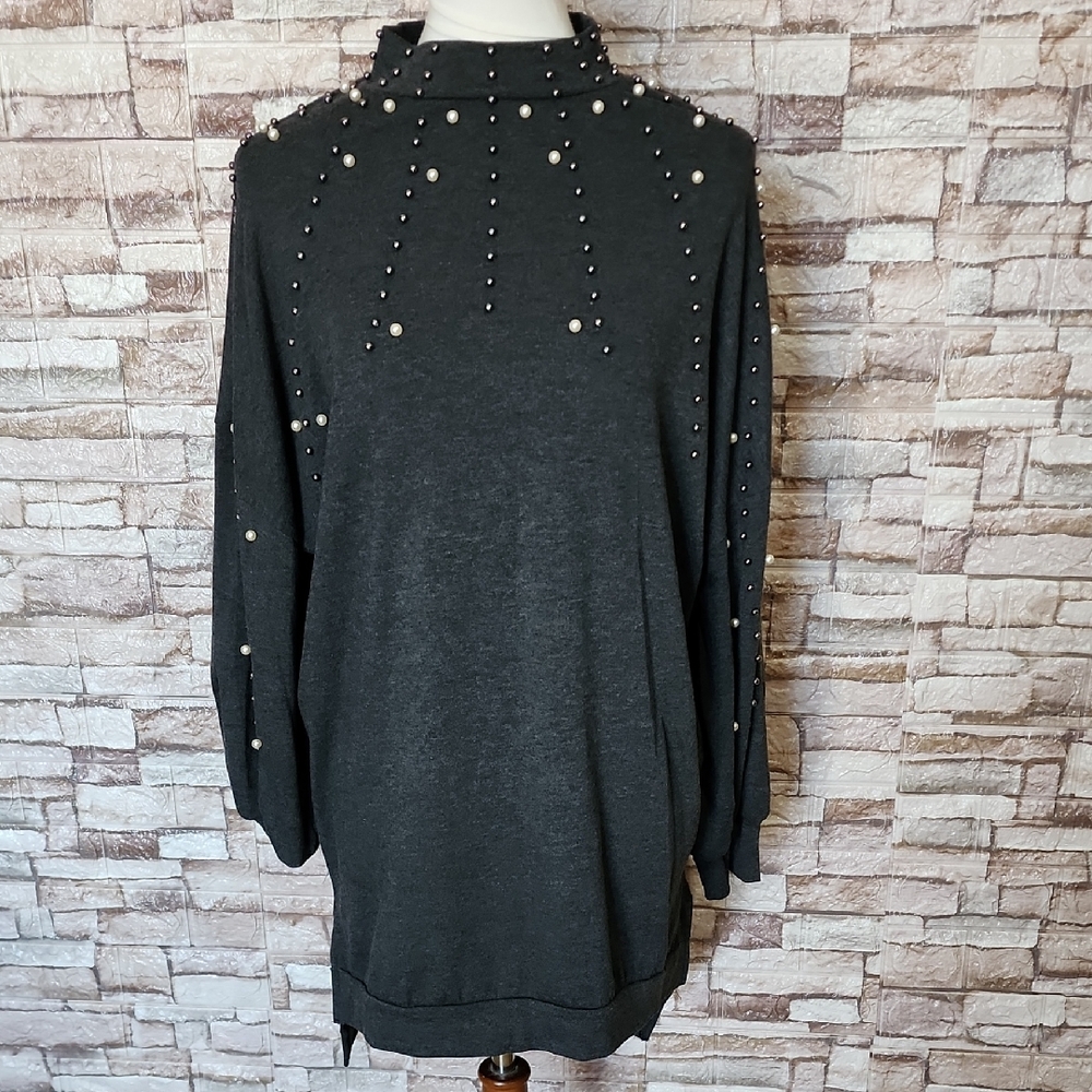 Milan Kiss Dark Gray Pearl Embellished Sweater Dress/ Tunic